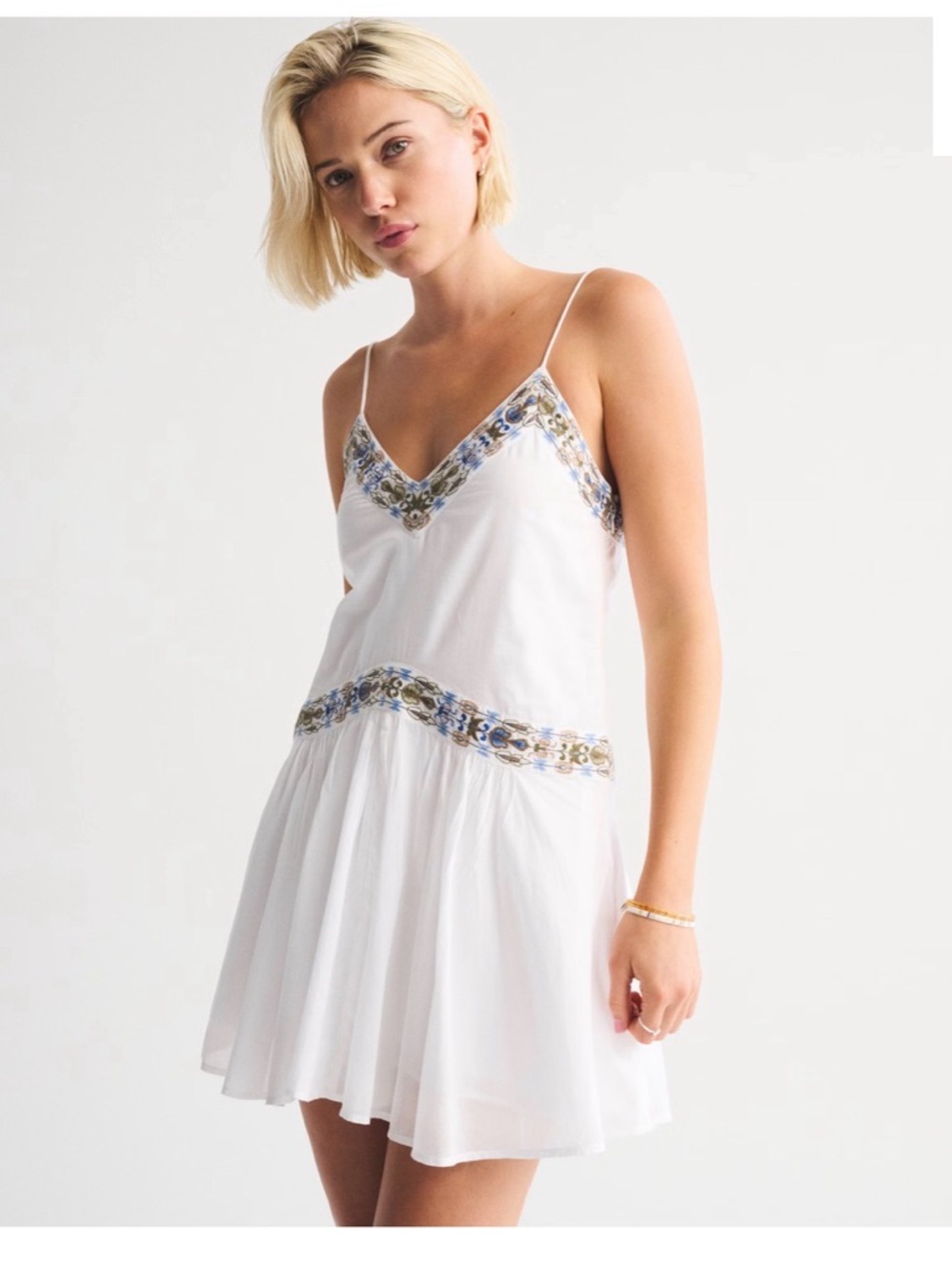 Abercrombie & Fitch White Slip Dress with Blue Embroidery